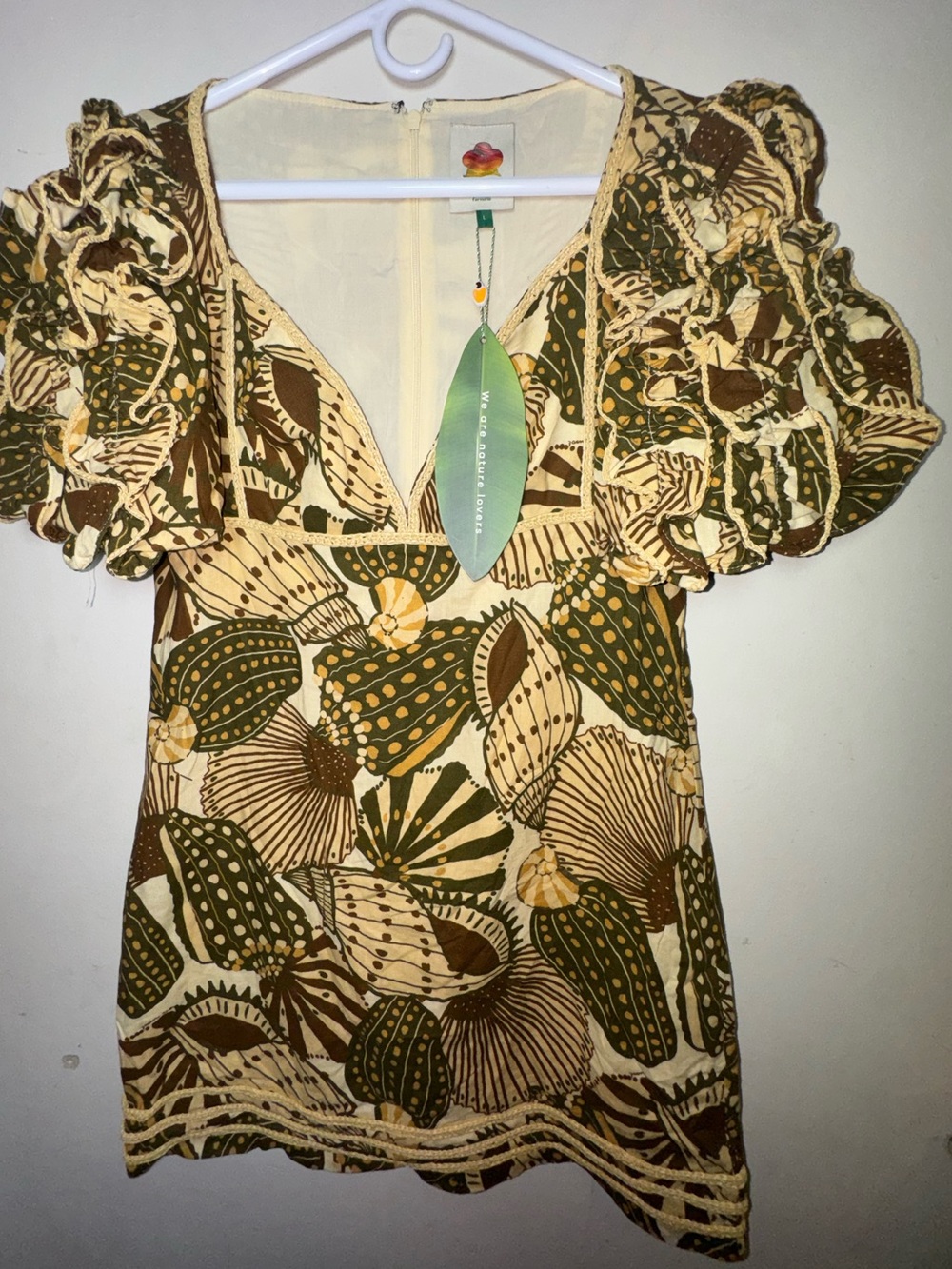 NWT Farm Rio Sand Shell Boho  puff sleeve Mini Dress - Picture 3 of 12